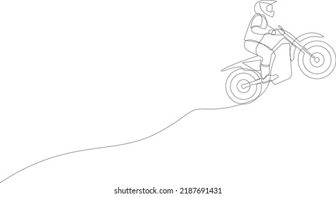 One continuous line drawing young motocross rider climb mound land at race track  Extreme sport concept  Dynamic single line draw design vector illustration for motocross competition poster