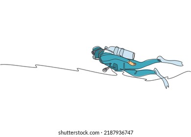 One continuous line drawing of young sporty man swimming into deep sea to see various sea fish and coral. Healthy scuba diving water sport concept. Dynamic single line draw design vector illustration