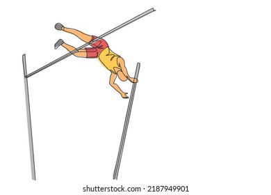 One continuous line drawing of young sporty man practicing to pass pole vault bar in the field. Healthy athletic sport concept. Championship event. Dynamic single line draw design vector illustration