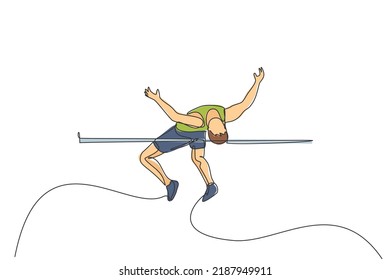 One continuous line drawing of young sporty man practicing pass through the bar in high jump game. Healthy athletic sport concept. Championship event. Single line draw design vector illustration