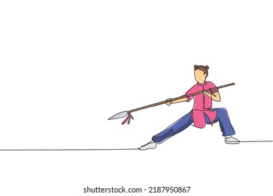 One continuous line drawing of young wushu master woman kung fu warrior in kimono with spear on training. Martial art sport contest concept. Dynamic single line draw design vector graphic illustration