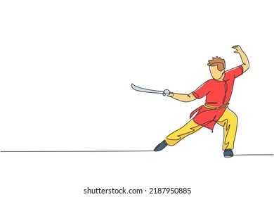 One continuous line drawing of young wushu master man, kung fu warrior in kimono with sword on training. Martial art sport contest concept. Dynamic single line draw design graphic vector illustration