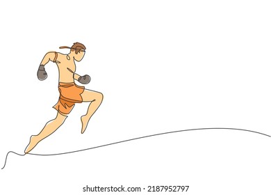 One continuous line drawing of young sporty muay thai boxer man practicing knee kick and flying kick at box arena. Fighting sport game concept. Dynamic single line draw design vector illustration