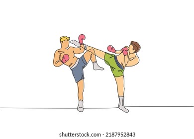 One continuous line drawing of young sporty muay thai boxer man kicking the opponent head in match game at box arena. Fighting sport game concept. Dynamic single line draw design vector illustration