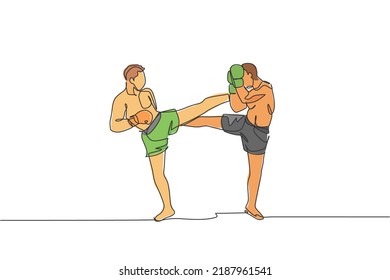 One continuous line drawing of young sporty man kickboxer athlete fight seriously at the national competition. Combative kickboxing sport concept. Dynamic single line draw design vector illustration