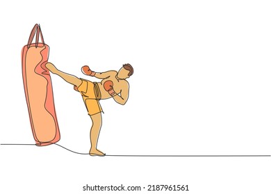 One continuous line drawing of young sporty man kickboxer athlete training with kick punching bag at gym center. Combative kickboxing sport concept. Dynamic single line draw design vector illustration