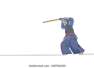 One continuous line drawing of young sporty man training kendo defense fighting skill in dojo center. Healthy martial art sport concept. Dynamic single line draw design vector illustration graphic