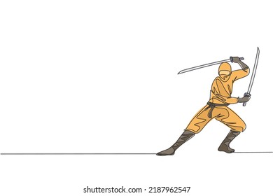 Eine kontinuierliche Zeichnung der jungen, tapferen japanischen Ninja-Figur auf schwarzem Kostüm mit Angriffsposition. Kampfkonzept für Kampfkunst. Dynamische Einzeilengrafik-Grafikgrafik