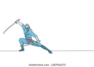 One continuous line drawing of young brave Japanese ninja character on black costume with attacking position. Martial art fighting concept. Dynamic single line draw design vector graphic illustration