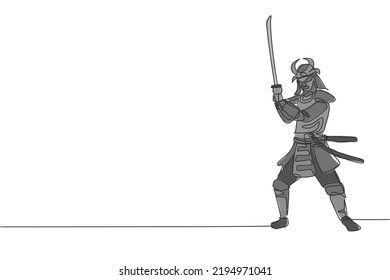 Un dibujo de línea continua de la joven valentía samurai shogun usando máscara lista para atacar en la sesión de entrenamiento. Concepto de deporte combativo del arte marcial. Ilustración vectorial de diseño de línea única dinámica