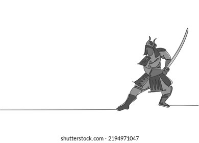 Un dibujo de línea continua de la joven valentía samurai shogun usando máscara lista para atacar en la sesión de entrenamiento. Concepto de deporte combativo del arte marcial. Ilustración vectorial de diseño de línea única dinámica