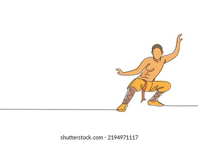 One continuous line drawing of young shaolin monk man practice kung fu style at temple ground . Traditional Chinese combative sport concept. Dynamic single line draw design vector illustration graphic