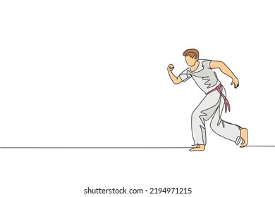 One continuous line drawing young sporty Brazilian fighter man training capoeira on the beach. Healthy traditional fighting sport concept. Dynamic single line draw graphic design vector illustration