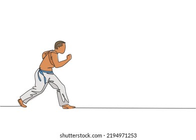 One continuous line drawing of young sporty Brazilian fighter man training capoeira on the beach. Healthy traditional fighting sport concept. Dynamic single line draw design vector illustration