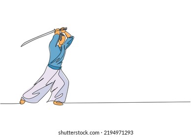 Eine fortlaufende Zeichnung des jungen, mutigen Samurai-Kriegers ist bereit, in der Trainingssitzung anzugreifen. Kampfsportkonzept für Kampfsportarten. Dynamische Einzeilengrafik-Grafik, Vektorgrafik