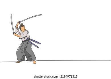 Eine fortlaufende Zeichnung des jungen, mutigen Samurai-Kriegers ist bereit, in der Trainingssitzung anzugreifen. Kampfsportkonzept für Kampfsportarten. Dynamische Einzeilengrafik-Grafikgrafik