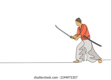 Eine fortlaufende Zeichnung des jungen, mutigen Samurai-Kriegers ist bereit, in der Trainingssitzung anzugreifen. Kampfsportkonzept für Kampfsportarten. Dynamische Einzeilenzeichnung, Vektorgrafik-Grafik