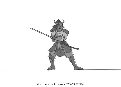 One continuous line drawing of young bravery samurai shogun wearing mask ready to attack at training session. Martial art combative sport concept. Dynamic single line draw design vector illustration