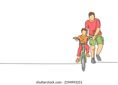 One continuous line drawing of young father help his boy kid learning to ride a bicycle at countryside together. Parenthood lesson concept. Dynamic single line draw design vector illustration graphic