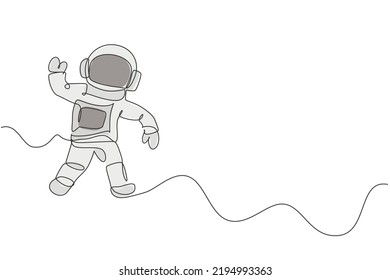 One continuous line drawing of young astronaut scientist exploring outer space in retro style. Spaceman cosmos discovery concept. Dynamic single line draw design graphic vector illustration