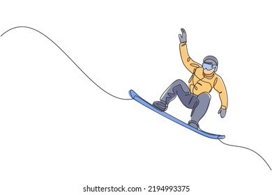 One continuous line drawing of young sporty man snowboarder riding snowboard and jumping alps snowy powder mountain. Winter lifestyle sport concept. Dynamic single line draw design vector illustration