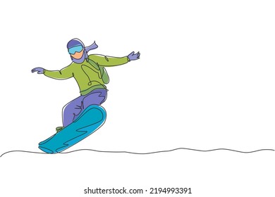 One continuous line drawing of young sporty man snowboarder riding snowboard in alps snowy powder mountain. Winter lifestyle sport concept. Dynamic single line draw graphic design vector illustration