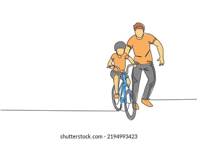 One continuous line drawing of young father help his son learning to ride a bicycle at countryside together. Parenthood lesson concept. Dynamic single line draw graphic design vector illustration