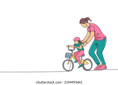 One continuous line drawing of young mother help her daughter learning to ride a bicycle at countryside together. Parenthood lesson concept. Dynamic single line draw graphic design vector illustration