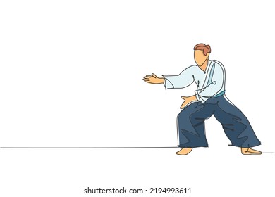 One continuous line drawing of young man aikido fighter practice fighting stance pose at dojo training center. Martial art combative sport concept. Dynamic single line draw design vector illustration