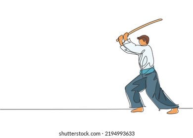 One Continuous Line Drawing Of Young Man Aikido Fighter Practice Fighting With Wooden Sword At Dojo Training Center. Martial Art Combative Sport Concept. Single Line Draw Design Vector Illustration