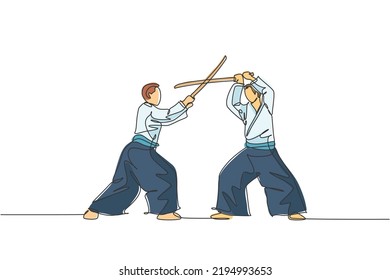 One Continuous Line Drawing Of Young Man Aikido Fighter Practice Using Wooden Sword At Dojo Training Center. Martial Art Combative Sport Concept. Dynamic Single Line Draw Design Vector Illustration