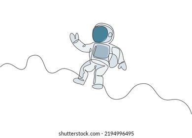 One continuous line drawing of young astronaut scientist exploring outer space in retro style. Spaceman cosmos discovery concept. Dynamic single line draw design vector graphic illustration