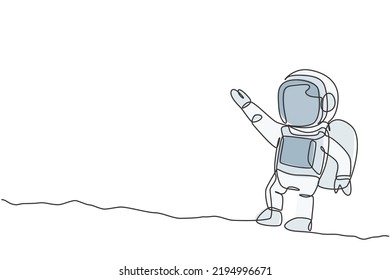One continuous line drawing of young astronaut scientist exploring outer space in retro style. Spaceman cosmos discovery concept. Dynamic single line graphic draw design vector illustration