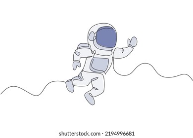 One continuous line drawing of young astronaut scientist exploring outer space in retro style. Spaceman cosmos discovery concept. Dynamic single line draw design vector graphic illustration