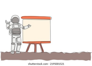 One continuous line drawing of young spaceman on spacesuit gave business presentation in meeting. Astronaut business office with deep space concept. Dynamic single line draw design vector illustration