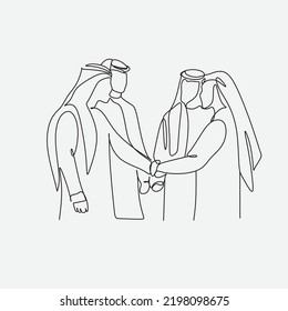 One continuous line drawing of young muslim business people line up . Islamic clothing shemag, kandura, scarf, hijab. Arab businessman working with laptop. Single line draw design vector illustration