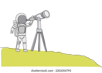 One continuous line drawing of young happy astronaut looking galaxy using telescope in moon surface. Space man deep space concept. Dynamic single line draw design vector graphic illustration