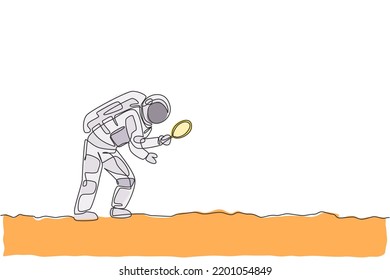 One continuous line drawing of young astronaut holding magnifier and search for foot trace in moon surface. Cosmic galaxy space concept. Dynamic single line draw graphic design vector illustration