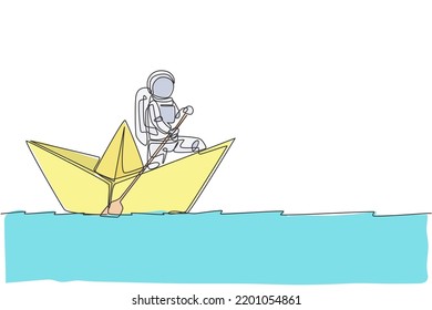 One continuous line drawing of young astronaut sailor rowing paper boat in sea ocean. Cosmic galaxy space concept. Dynamic single line draw design graphic vector illustration