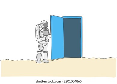 One continuous line drawing of young astronaut opening door gate into another dimension in moon surface. Cosmic galaxy space concept. Dynamic single line draw design vector graphic illustration