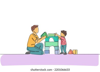 One continuous line drawing of young happy dad playing with son building house from foam puzzle block toy at home. Family time parenting concept. Dynamic single line draw design vector illustration