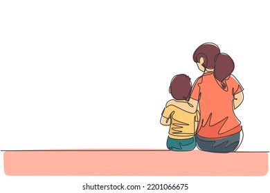 One continuous line drawing young mother talking and her son about goal   purpose life at home  family life  Happy parenting concept  Dynamic single line draw graphic design vector illustration