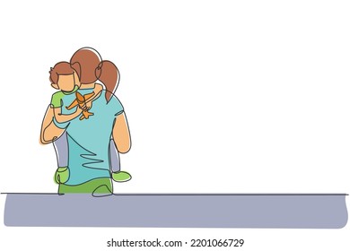 One continuous line drawing of young mother hugging her sleepy son while holding airplane toy at home, family life. Happy parenting concept. Dynamic single line draw design vector graphic illustration