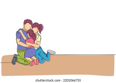 Eine kontinuierliche Zeichnung von jungen glücklichen Mama und Papa, die ihre Tochter voller Wärme umarmt haben. Gutes Familienkonzept für Eltern. Dynamische Einzeilenzeichnung, Vektorgrafik