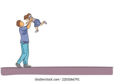 One continuous line drawing of young happy father raising his daughter up in the air, family play together. Happy loving parenting family concept. Dynamic single line draw design vector illustration