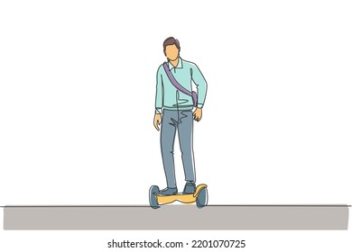 One continuous line drawing of young happy worker man stand and ride hoverboard to office. Green transportation. Future urban lifestyle concept. Dynamic single line draw design vector illustration