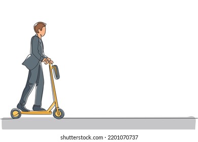 One Continuous Line Drawing Of Young Worker Man Ride Electric Scooter To Go To The Office. Green Transportation. Future Urban Lifestyle Concept. Dynamic Single Line Draw Design Vector Illustration