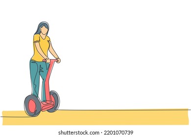 One continuous line drawing of young happy woman ride electric kick scooter at outdoor park. Green transportation. Future urban lifestyle concept. Dynamic single line draw design vector illustration