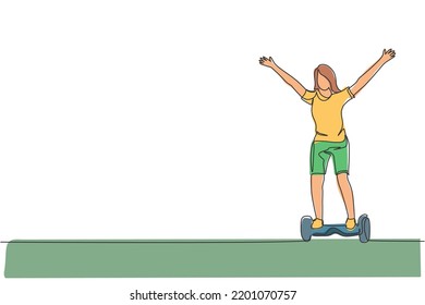 One continuous line drawing of young happy woman stand and ride hoverboard at outdoor park. Green transportation. Future urban lifestyle concept. Dynamic single line draw design vector illustration