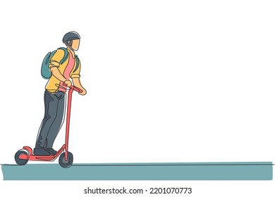 One continuous line drawing of young happy businessman ride electric scooter to go to company. Green transportation. Future urban lifestyle concept. Dynamic single line draw design vector illustration